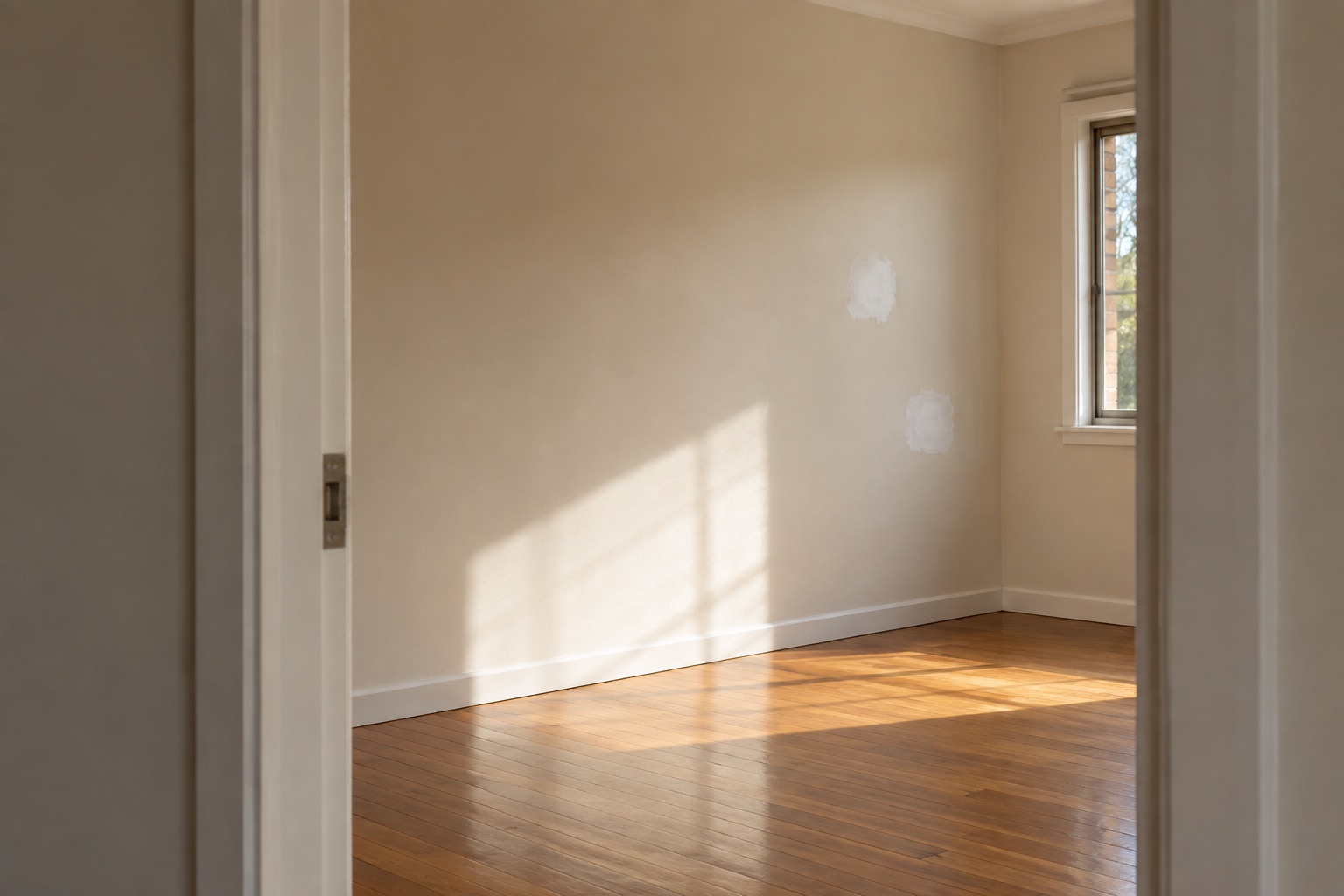 Illustrative vacant rental room with small plaster repairs awaiting paint